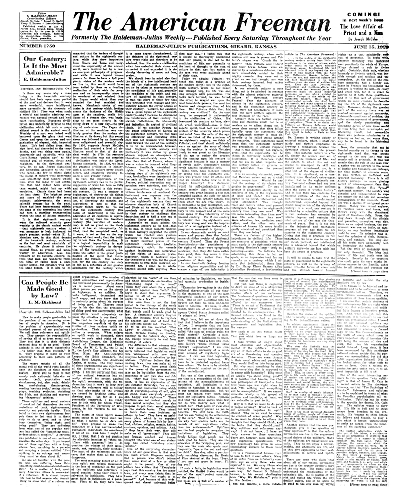 (image for) The American Freeman, Number 1750, June 15, 1929. - Click Image to Close